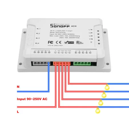 SONOFF® 4CH R2 4 CHANNEL 10A 2200W 2.4GHZ SMART HOME WIFI WIRELESS SWITCH APP REMOTE CONTROL AC 90V-250V