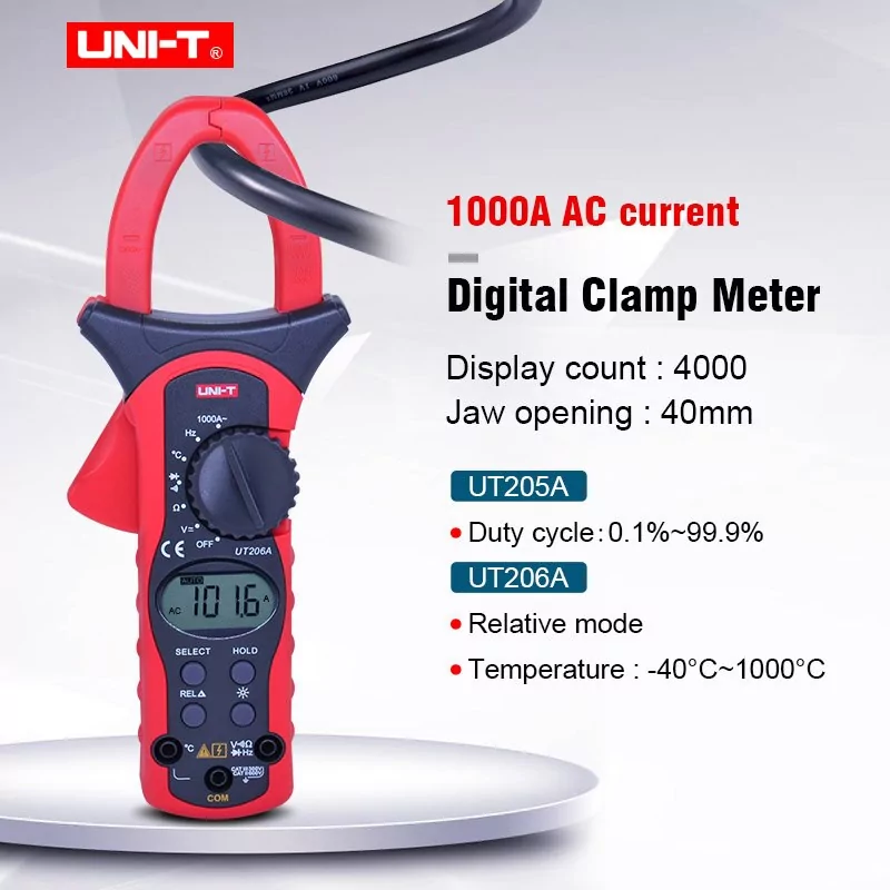 Pince numérique multimètre, UNI-T UT205A 1000A AC, résistance/fréquence, Test de Diode, rétro-éclairage LCD