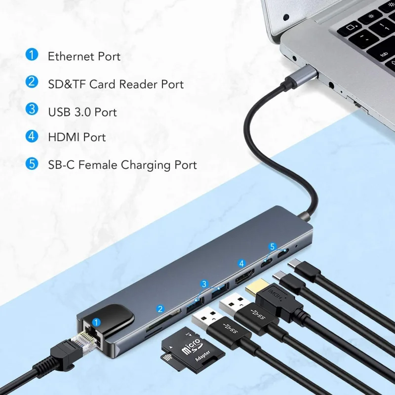 Adaptateur USB Type-C 8 EN 1 USB Type-C to HDTV Multifonction