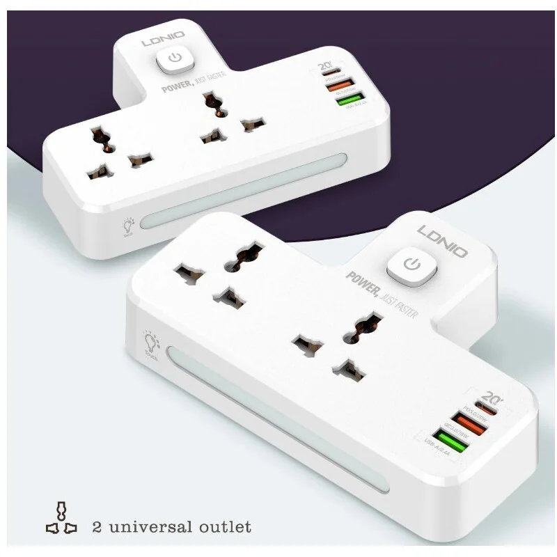 Multiprise LDNIO SC2311 - 3 Ports USB 20W, 2 Prises Électriques, avec Veilleuse Intégrée, Charge Rapide et Sécurité Optimale