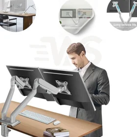 Support pour 2 Écrans 3D à Vérin – Bras Articulé Double, Compatibilité 14" à 27", Rotation 360°, Inclinaison Ajustable S1005-2
