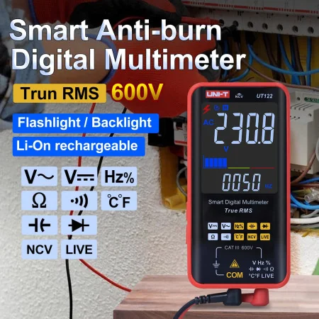 UNI-T UT122 Multimètre Intelligent Rechargeable – Mesure Tension, Résistance, Capacité, Température, Fréquence, NCV, True RMS