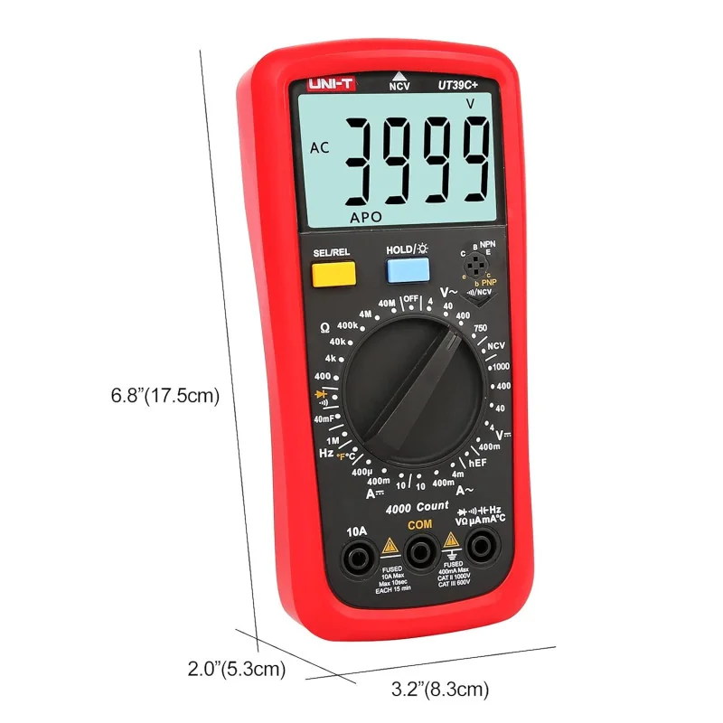 UNI-T UT39C+ Multimètre Digital 4000 Comptes – Mesure Tension AC/DC, Courant, Résistance, Fréquence, NCV, Diodes, Continuité