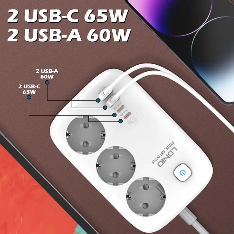 Multiprise LDNIO (siyoteam) SE3436 - 3 Prises EU 3250W, 4 Ports USB, Station de Charge à Domicile