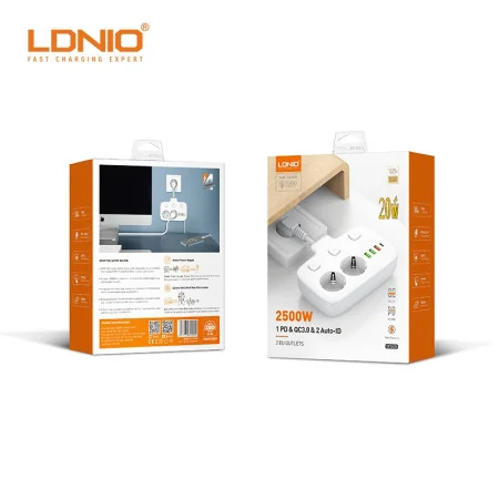 Multiprise LDNIO SE2435 - 4 Ports USB, 1 Port USB-C PD, 2 Ports Auto-ID, Prise EU avec Mise à la Terre, Protecteur de Surtension