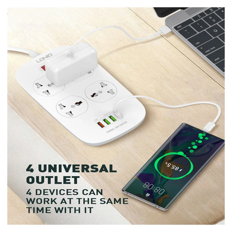 Multiprise LDNIO SC4407Q - 4 Ports USB, 4 Prises Universelles, Compatible EU/UK/US, Charge Rapide avec Détection Auto-ID