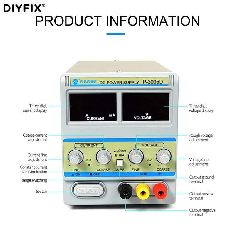 Alimentation SUNSHINE P-3005D - Alimentation DC réglable 30V/5A avec affichage LCD, haute stabilité