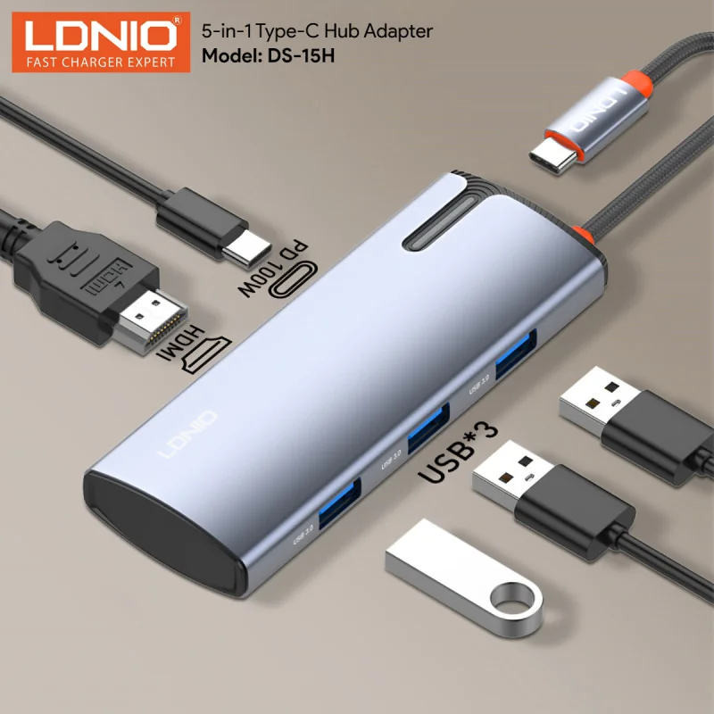Adaptateur de concentrateur Type-C 5 en 1 pour station d'accueil LDNIO (siyoteam) (DS-15H) USB-C1, HDMI1, and USB3.0*3 ports