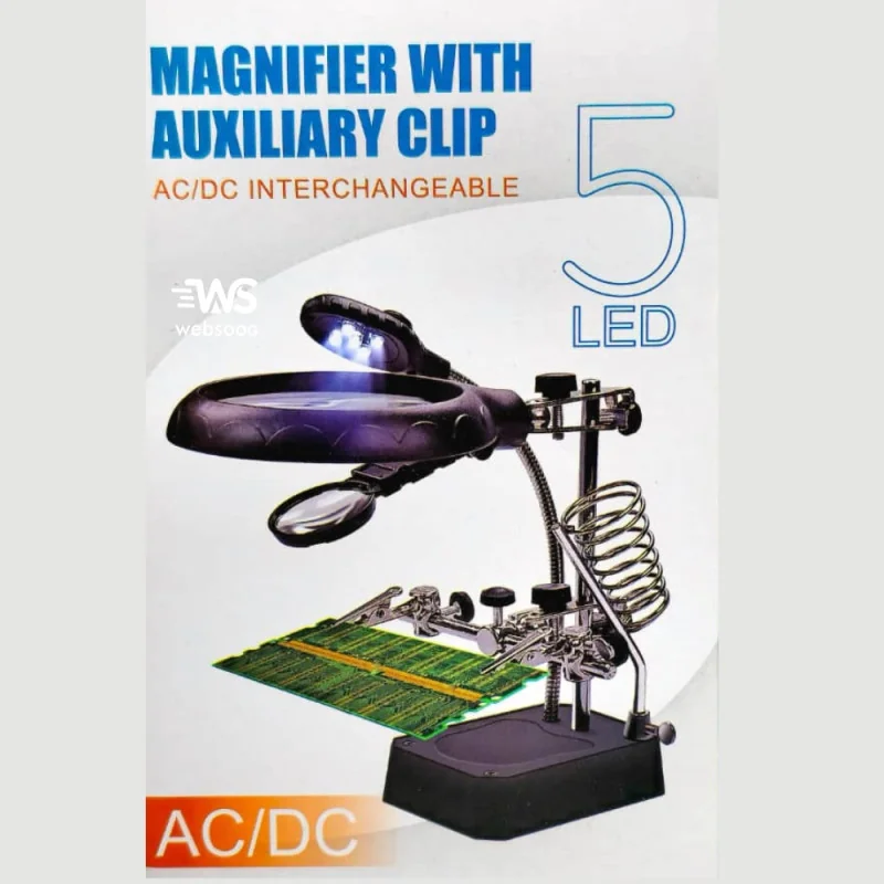 Loupe 3ème Main TE-800 avec Pince Auxiliaire, 5 LED, Interchangeable, 3 Piles AA, Câble de Charge