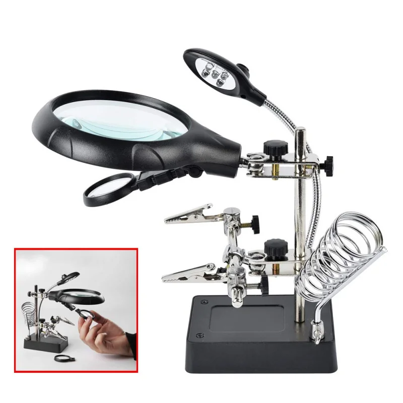 Loupe 3ème Main TE-800 avec Pince Auxiliaire, 5 LED, Interchangeable, 3 Piles AA, Câble de Charge
