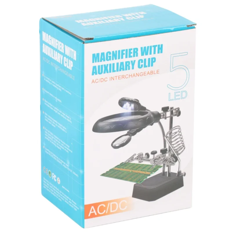 Loupe 3ème Main TE-800 avec Pince Auxiliaire, 5 LED, Interchangeable, 3 Piles AA, Câble de Charge