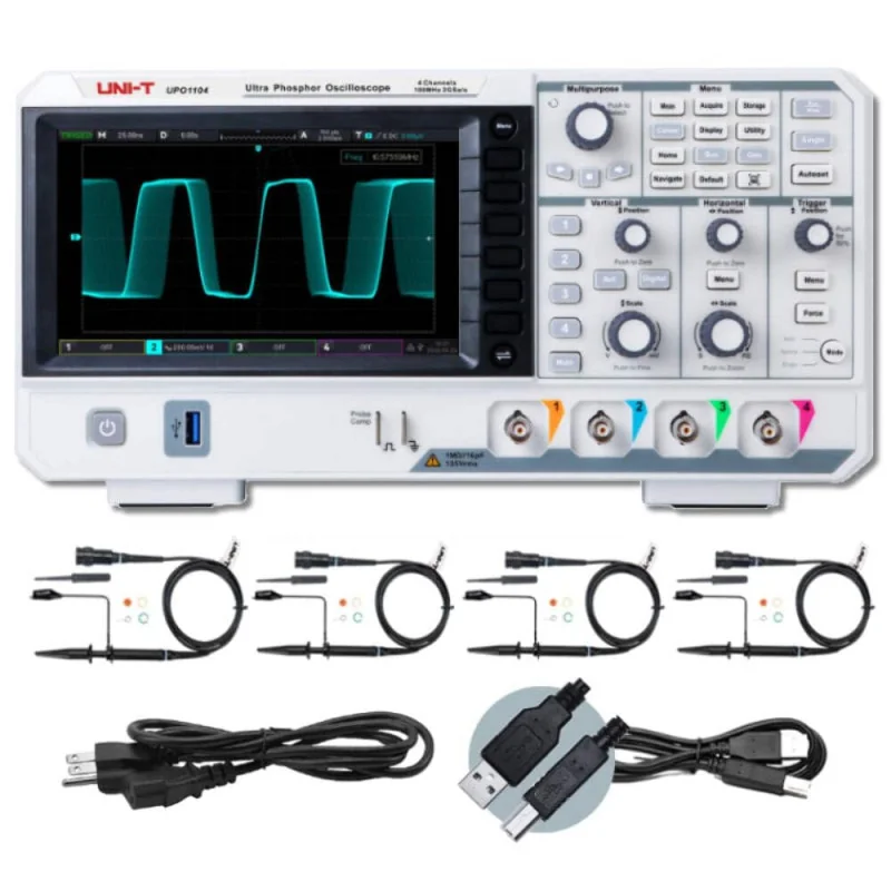 Oscilloscope numérique UNI-T UPO1104 - 100 MHz, 4 canaux, 2 GSa/s, mémoire de 56 Mpts, écran de 7 pouces.