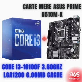 Pack Carte Mère ASUS PRIME H510M-K + Processeur Intel Core i3-10100F 3.6GHz, Socket LGA1200, Cache 6MB