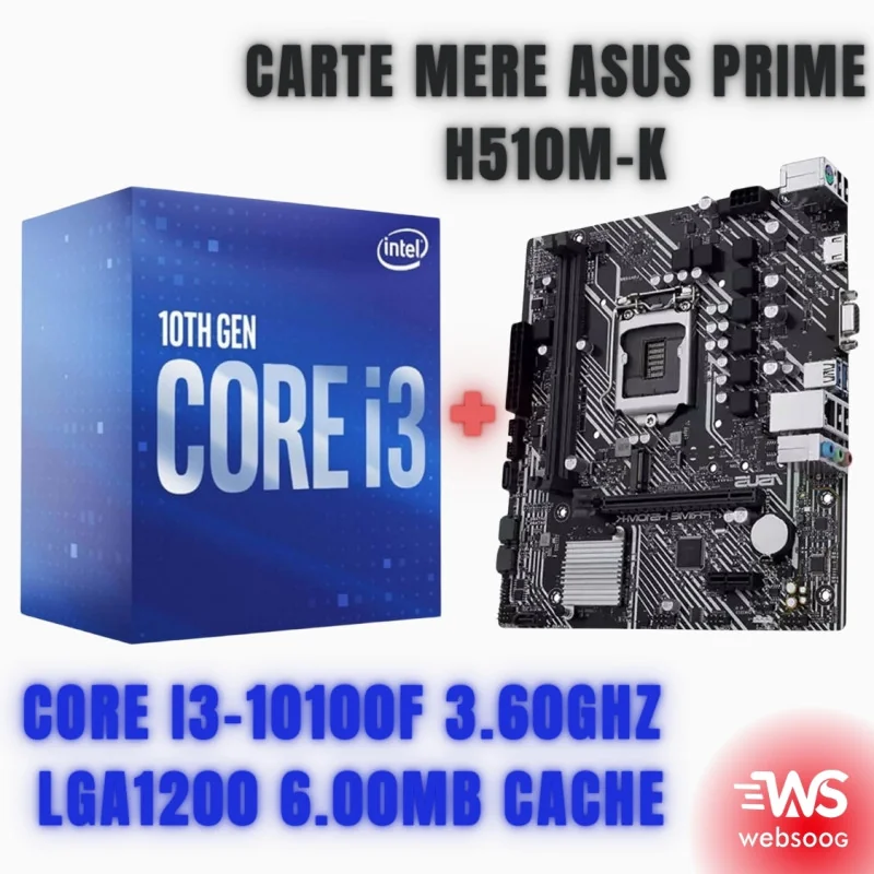 Pack Carte Mère ASUS PRIME H510M-K + Processeur Intel Core i3-10100F 3.6GHz, Socket LGA1200, Cache 6MB