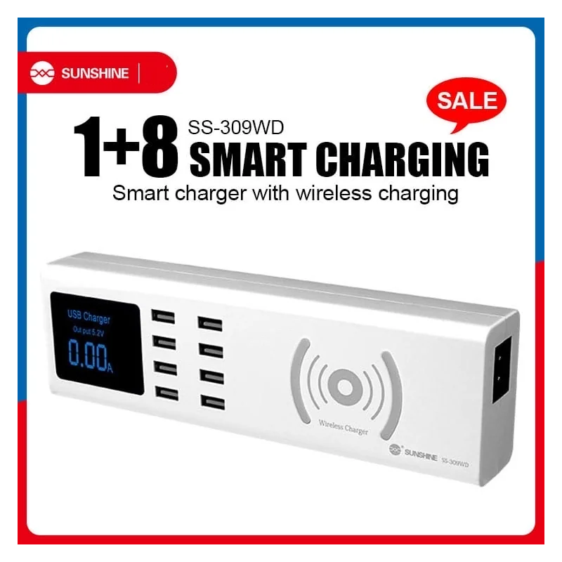 Chargeur Intelligent SUNSHINE SS-309WD 1+8 - Charge sans Fil et USB - Écran LED et Multi-Port USB