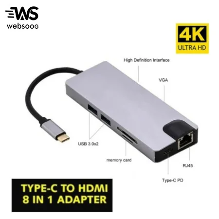 Adaptateur Multiport USB-C 8 en 1 - HDMI 4K, VGA, HDTV, USB 3.0, Lecteur SD/TF, RJ45