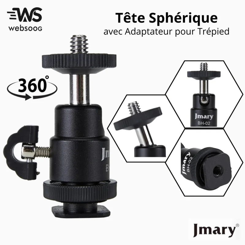 Adaptateur de Trépied Haute Qualité à 360° avec Vis 1/4 pour Caméra et Téléphone Portable, Mini Tête Sphérique JMARY BH-01/BH-02