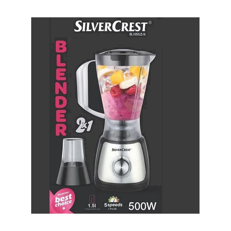 Blender Électrique SilverCrest + Moulin 2-en-1 500W - 1.5L - Modèle BL1055LD - Noir et Argent