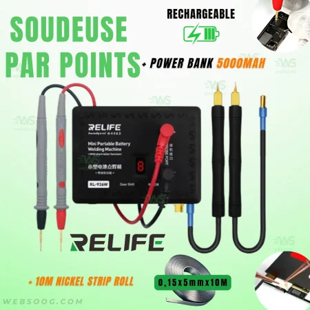 Soudeuse par Points Portable RL-936W Relife - 6 Niveaux, Contrôle Température, Power Bank 5000mAh + Rouleau Nickel 0,15x5mmx10M