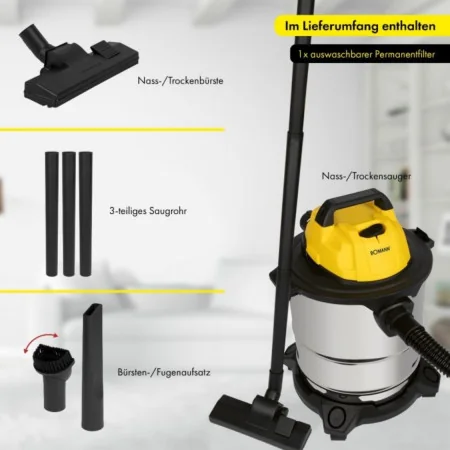 Aspirateur Eau et Poussière Boma BS6058CB - Inox/Jaune, Haute Performance, Capacité Étendue