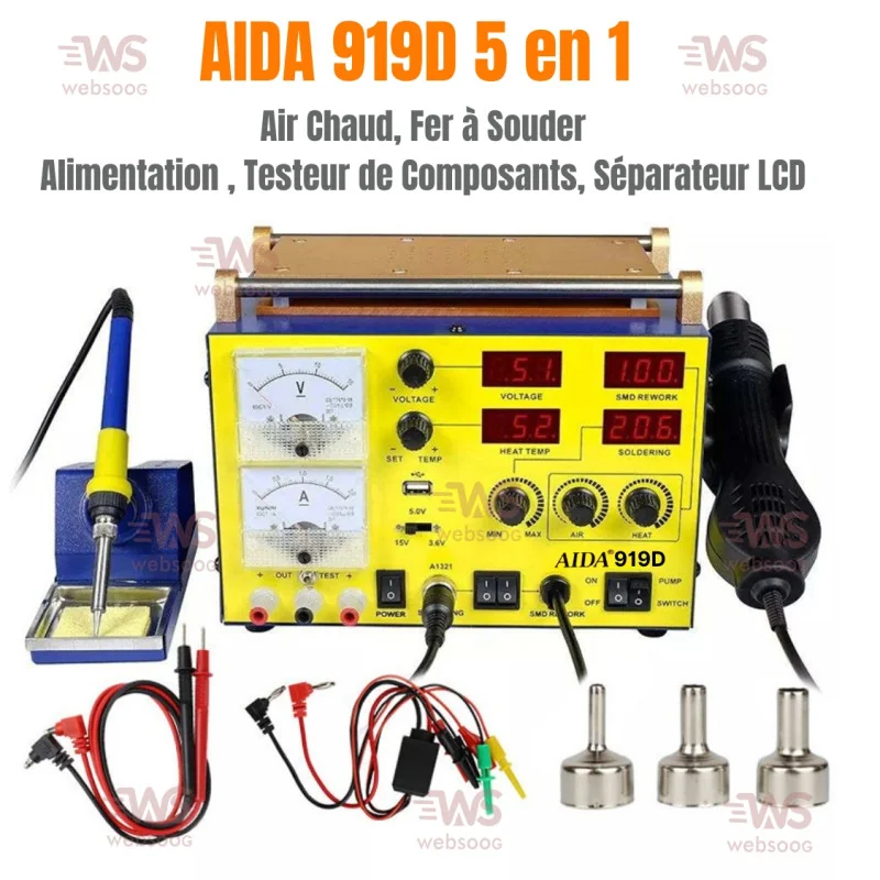 AIDA 919D - Station de Soudage 5 en 1 : Air Chaud, Fer à Souder Alimentation , Testeur de Composants, Séparateur LCD