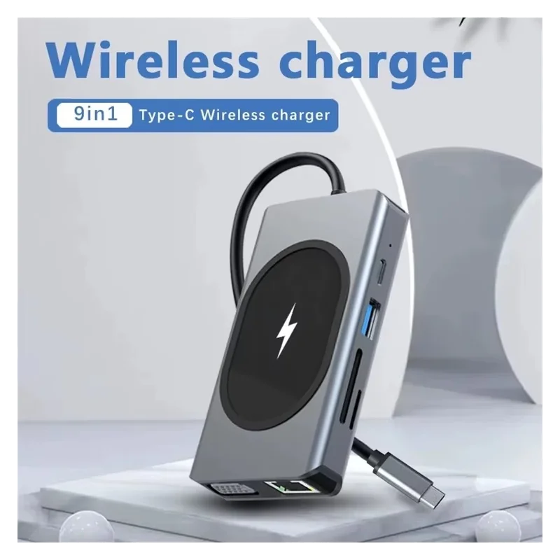 Adaptateur 9 en 1 Type-C avec Chargeur Sans Fil 15W - HDTV 4K, RJ45, VGA, USB, Audio et Lecteur de Carte