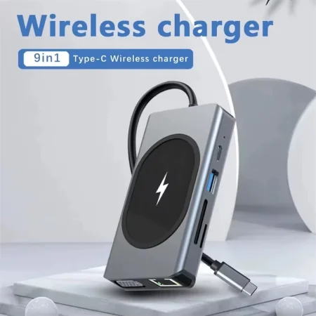 Adaptateur 9 en 1 Type-C avec Chargeur Sans Fil 15W - HDTV 4K, RJ45, VGA, USB, Audio et Lecteur de Carte