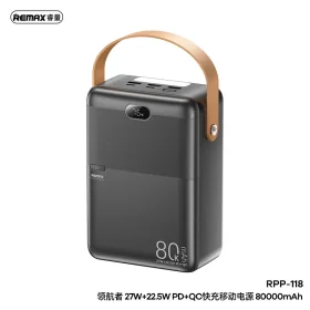 Power Bank REMAX 80000mAh avec Torche LED – Charge Rapide PD 27W + QC 22.5W, 4 Sorties, Écran Digital RPP-118