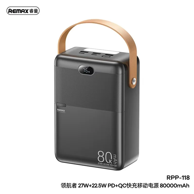 Power Bank REMAX 80000mAh avec Torche LED – Charge Rapide PD 27W + QC 22.5W, 4 Sorties, Écran Digital RPP-118
