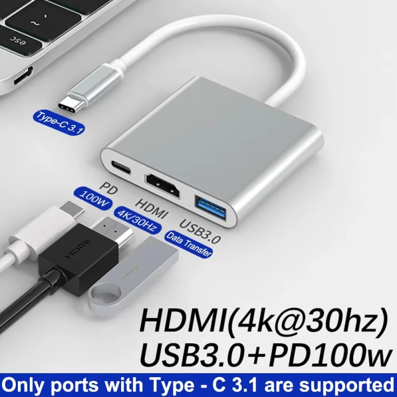 Adaptateur Type-C 3 en 1 USB-C vers HDMI 4K + USB 3.0 + Charge Rapide PD – Hub Intelligent pour MacBook et PC