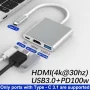 Adaptateur Type-C 3 en 1 USB-C vers HDMI 4K + USB 3.0 + Charge Rapide PD – Hub Intelligent pour MacBook et PC