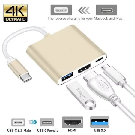 Adaptateur Type-C 3 en 1 USB-C vers HDMI 4K + USB 3.0 + Charge Rapide PD – Hub Intelligent pour MacBook et PC