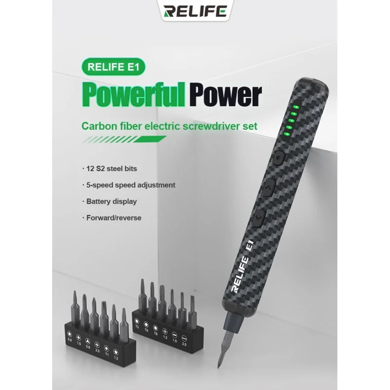 Relife E1 – Tournevis Électrique Rechargeable en Fibre de Carbone avec 12 Embouts S2 et 5 Vitesses