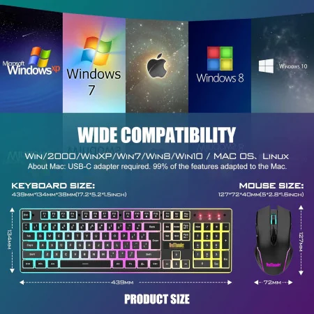 RedThunder K20 Ensemble Clavier Souris Sans Fil Rechargeable RGB AZERTY Français - 4800 DPI Pour PC Mac