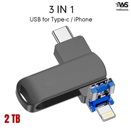 Flash Disque 3 en 1 2To – USB, Type-C, Lightning pour iPhone, Android et PC – Clé OTG Haute Capacité