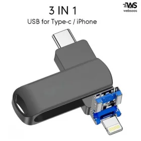 Flash Disque 3 en 1 64GB – USB, Type-C, Lightning pour iPhone, Android et PC – Clé OTG Haute Capacité