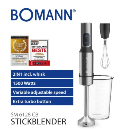 Bomann Bras Mixeur 2En1 + Fouet- 1500 W - 4 Lames avec bol - SM 6128 CB-Noir Inox