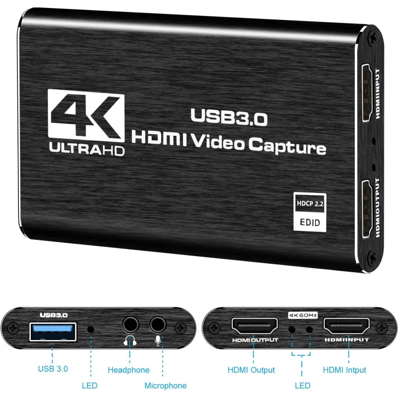 Carte de Capture Vidéo HDMI HDTV 4K 68.1 – Full HD 1080P, USB 3.0, Plug & Play avec Entrée Microphone