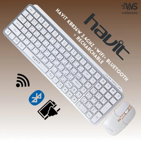 Combo Clavier Souris Rechargeable Havit KB836WB - Sans Fil 2.4GHz & Bluetooth WHITE