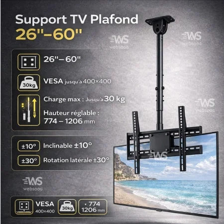 Support TV Plafond Articulé 26″–60″ – VESA 400×400 – Hauteur Réglable 774–1206 mm