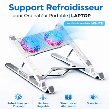 Support Refroidisseur pour Ordinateur Portable LAPTOP H-17 avec Double Ventilateur WHITE