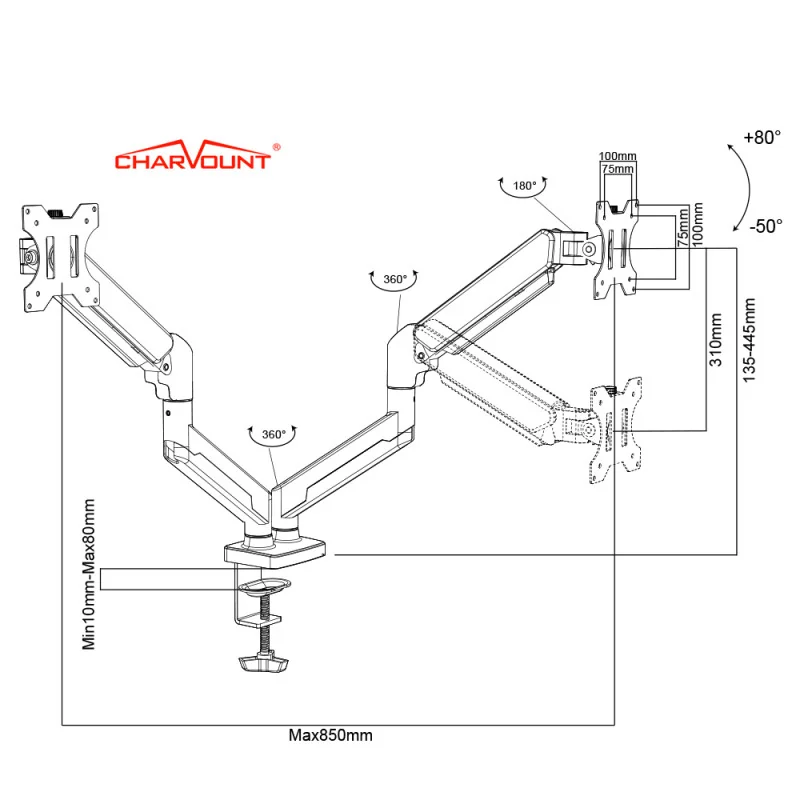 Support de Bureau pour 2 Écrans 3D ANYTOOL - Rotation 360°, Inclinaison ±15°, Charge Maximale 8KG par Écran ATS-002-3D