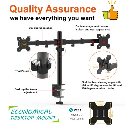 Support de Bureau pour 2 Écrans ANYTOOL - Rotation 360°, Inclinaison ±15°, Charge Maximale 8KG par Écran ATS-0002E