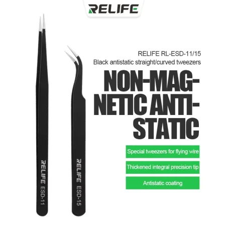 RELIFE RL-ESD-11/RL-ESD-15 Black Anti-Static Straight Tweezers