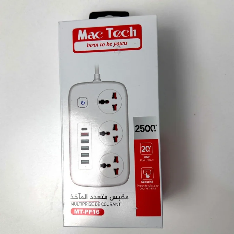 Multiprise MacTech MT-PF16 - Protecteur de Surtension avec 3 Prises 2500W et 5 Ports USB Intelligents + TYPE-C 20W