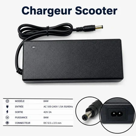 Chargeur Scooter 42V 2A/84W – Connecteur 5.5×2.5mm pour Trottinette Électrique