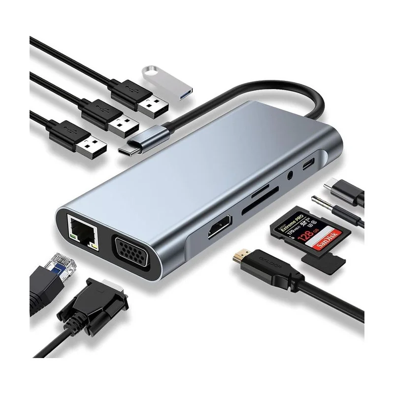 Hub USB-C 11-en-1 vers HDTV 4K avec VGA, LAN Gigabit et Lecteur de Cartes