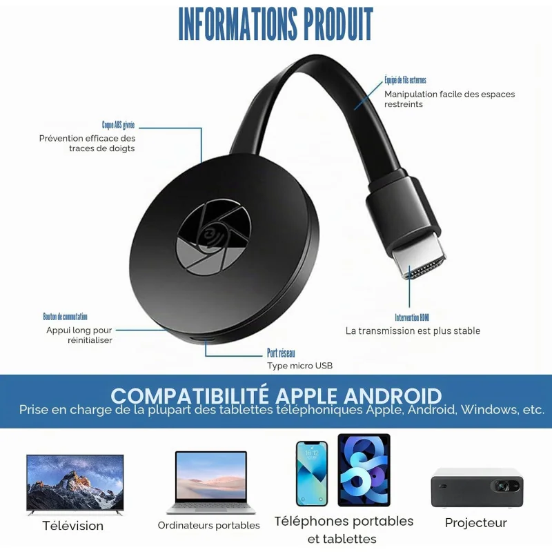 Adaptateur HDMI WiFi 4K Type Chromecast Diffusion Sans Fil Smartphone vers TV