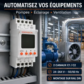 Interrupteur Horaire Numérique Programmable ENERGICAL à 2 Canaux C1/C2 – 24 à 240 V AC/DC, Montage sur Rail DIN