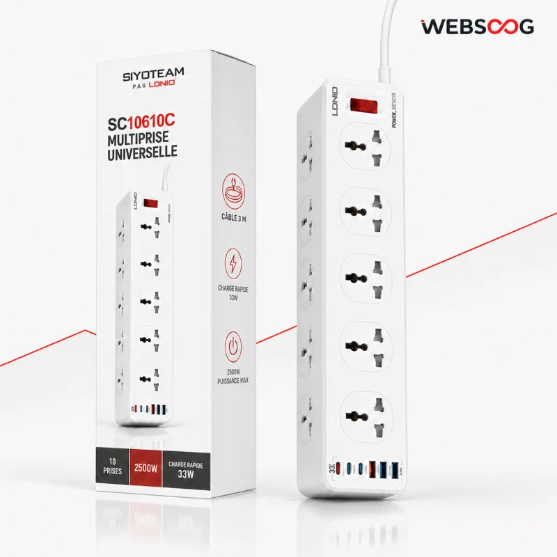 Multiprise LDNIO SC10610C 3000W avec 10 Prises Secteur - Chargeur USB 33W 3Type-C et 3USB-A Cable 3M